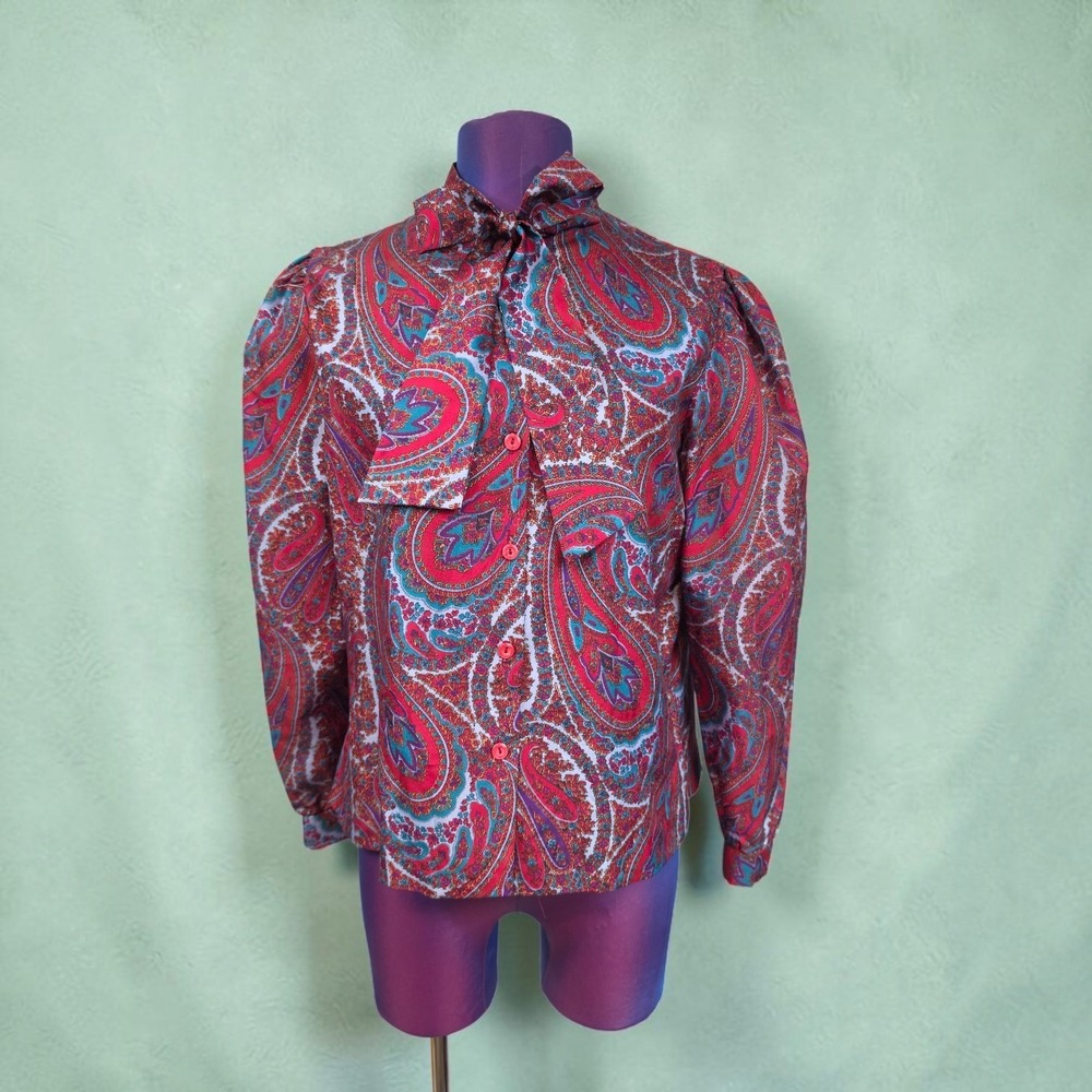 Marty Gutmacher Paisley Tie Neck Blouse Red Blue ILGWU Made in USA 16 Vintage